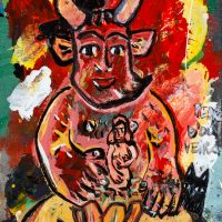 Pedro d'Oliveira, “Fauno com Mulher e Lobo”, 2016, acrílico sobre tela em cartão, 15x20cm
