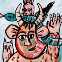 Pedro d'Oliveira, “Fauno com Mulher, Serpente, Mocho e Corvo”, 2016, acrílico sobre tela em cartão, 15x20cm