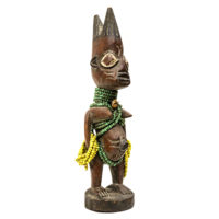 Figura Gemelar Ibeji, Yoruba, Nigéria, Séc. XX, madeira, contas, 9x29x8cm – CC20-121