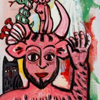 Pedro d'Oliveira, “Fauno com Mulher, Serpente e Lobo”, 2016, acrílico sobre tela em cartão, 15x20cm