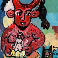 Pedro d'Oliveira, “Fauno com Mulher, Lobo e Corvo”, 2016, acrílico sobre tela em cartão, 15x20cm