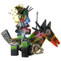 "O Cavaleiro Andante D. Bai Taélas", 2017, madeira, tintas, diversos, 52x42x10cm