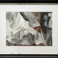 "Half Guernica", 2018, caneta e aguarela sobre papel, 74x55cm, 111x92cm (moldura)